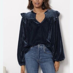 Evereve Yana Velvet Smocked Ruffled Blouse S